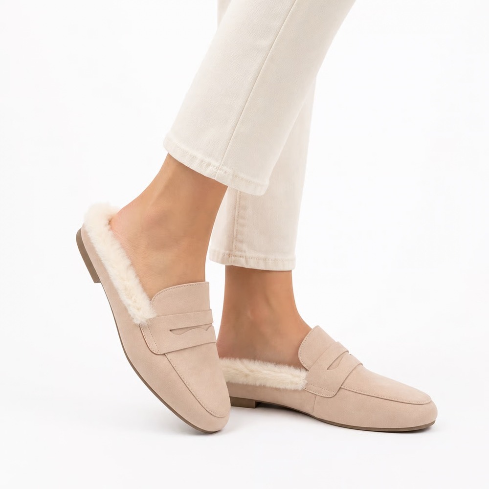Serra Womens Tan Faux Suede Penny Loafer Mules Faux Fur Lined Size 10